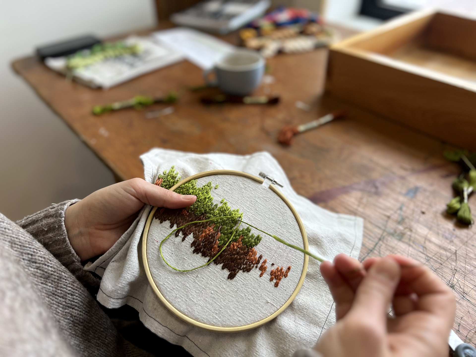 carla-rangel-broderie.jpg Mains travaillant une broderie circulaire représentant des formes végétales, sur une table avec fils.