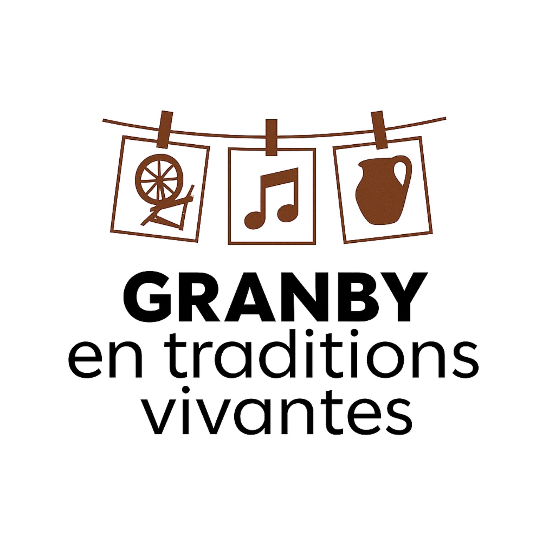 Logo Granby en traditions vivantes montrant trois pictogrammes suspendus à une ficelle : un rouet, une note de musique et une cruche.