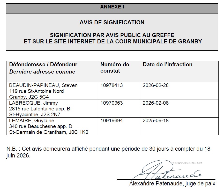 Visuel d'Annexe 1 - Avis de signification