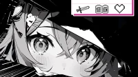  Illustration en style manga noir et blanc montrant un visage avec des yeux expressifs entouré d’effets graphiques dynamiques.